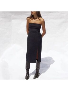 Zara Black Strapless Midi Dress with Side Slit